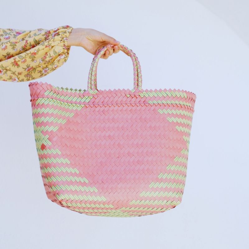 Jasmin Recycled Plastic Woven Shopper Tote in Pink & Yellow image