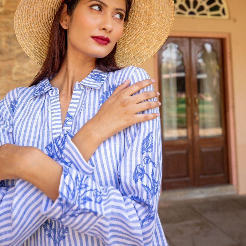 Tourist Hand Printed Stripe Linen Tunic Dress - Blue and White