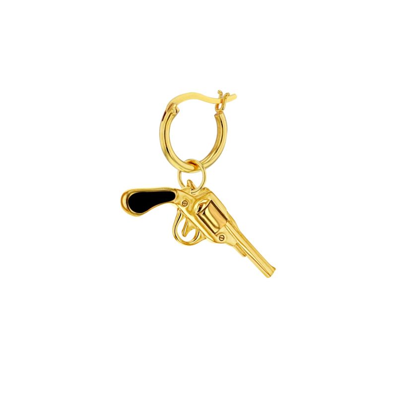 Black & 18Kt Gold-Plated Mini Retro Pistol Charm On Gold Hoop image