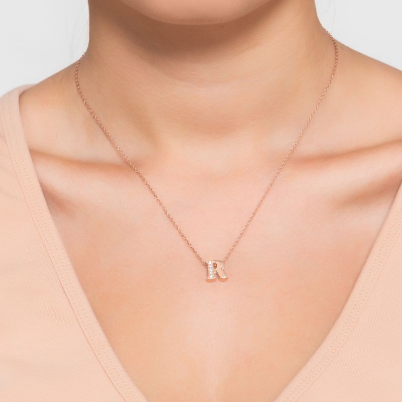 Diamond Initial Letter Pendant Necklace Rose Gold R image