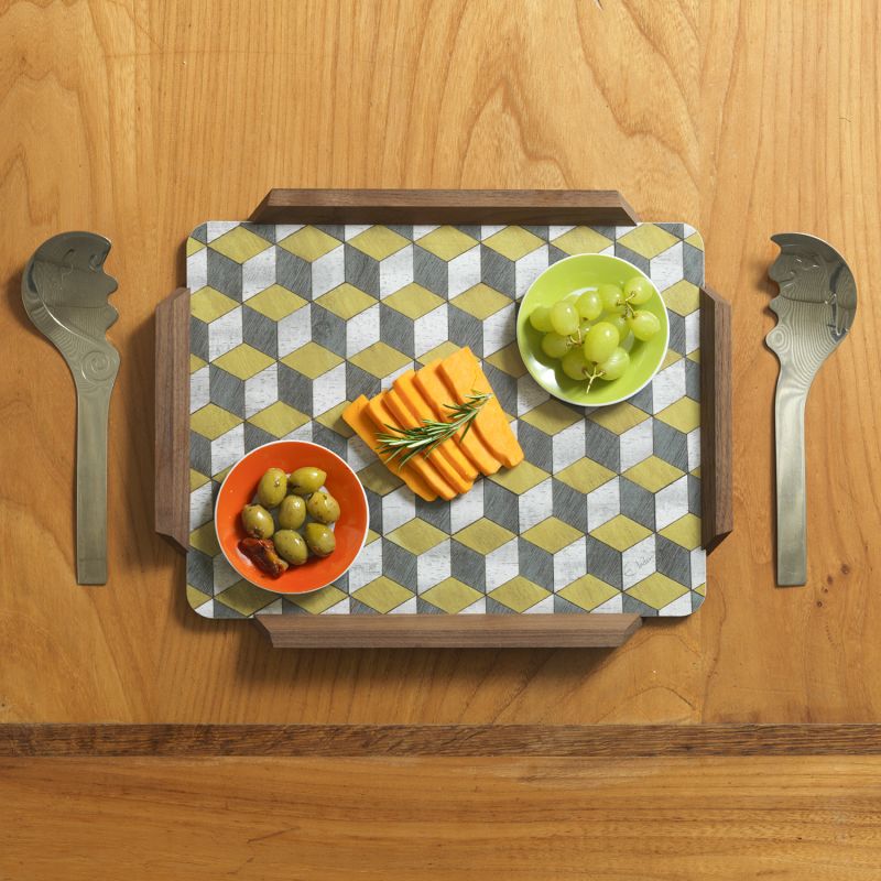 Tray In Mid Century Modern Geometric Design Yellow & Greys. Melamine Coated For Heat Resistance. Upcycled Wooden Handles image