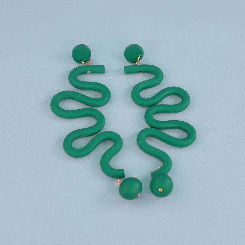 Tube Squiggles Dangly Statement Earrings In Emerald image