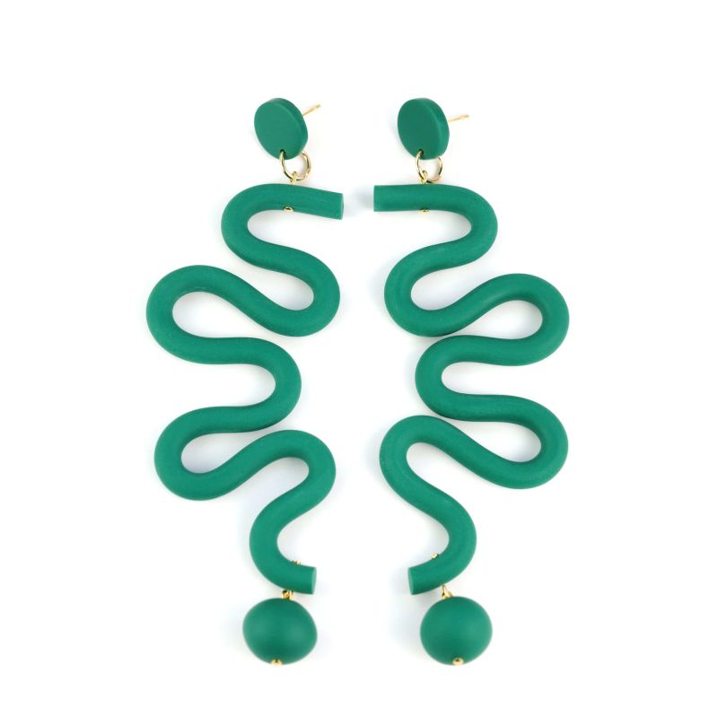 Tube Squiggles Dangly Statement Earrings In Emerald image