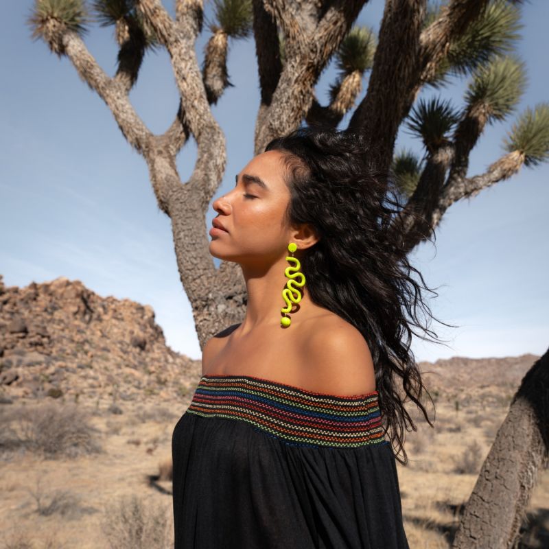 Tube Squiggles Dangly Statement Earrings In Neon Yellow image