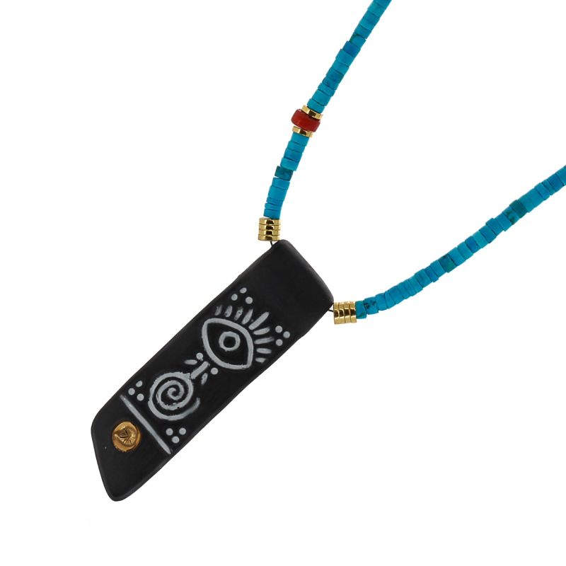 Black & Protection Symbol Pendant Turquoise Beaded Necklace - Blue image