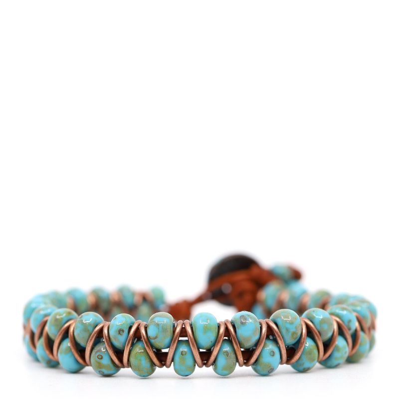 Turquoise Picasso, Antique Copper & Turkey Red Leather Beaded Bracelet image