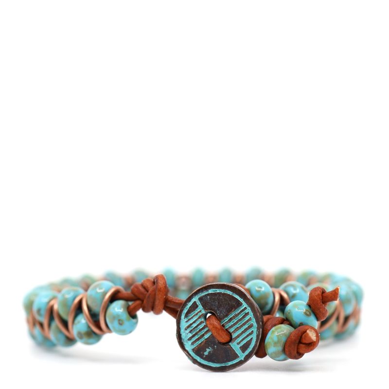 Turquoise Picasso, Antique Copper & Turkey Red Leather Beaded Bracelet image