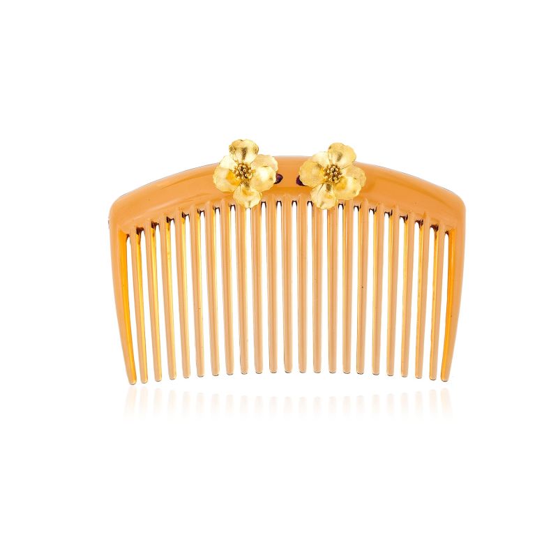 Brown Hair Comb With Gold Petite Flowers image