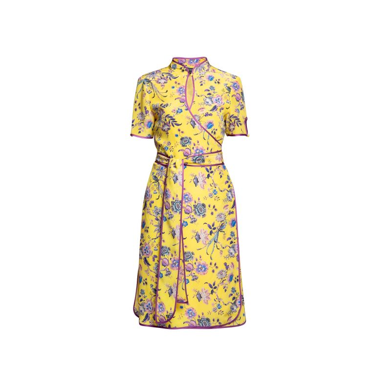 Akiko Kimono-Style Silk Wrap Dress With Oriental Print In Yellow image