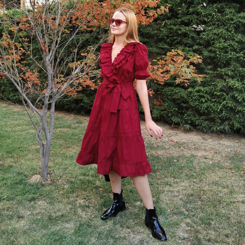 Dark Cherry Red Double-Breasted V-Neck Cotton Dress With Ruffles image