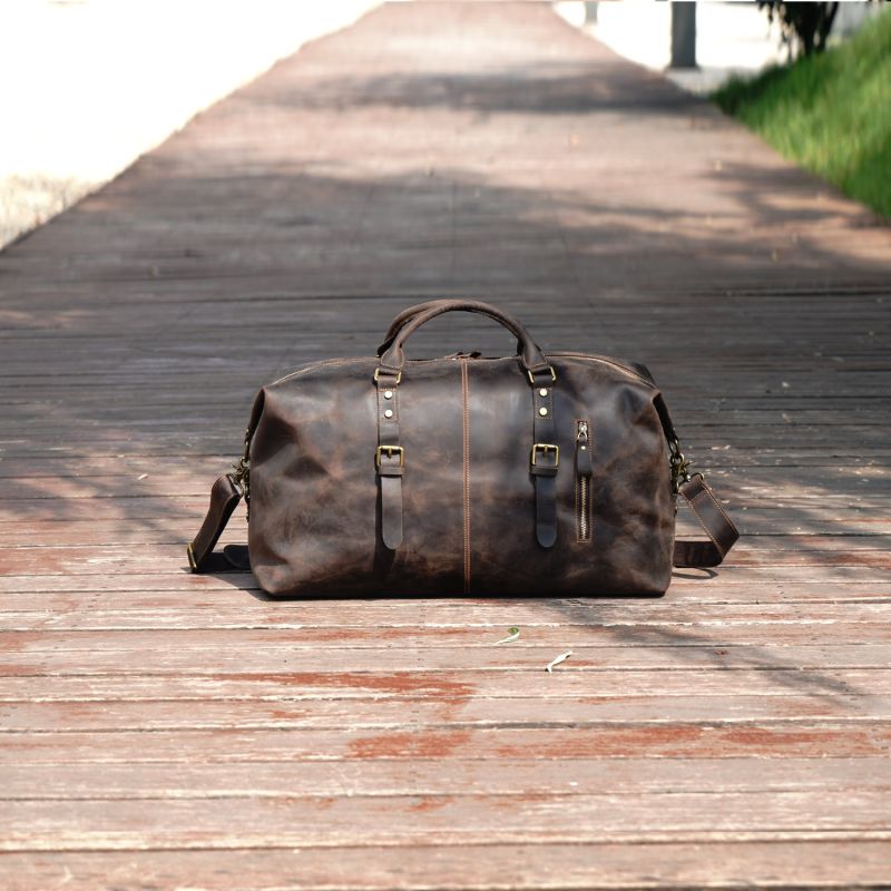 Zip Detail Genuine Leather Holdall - Worn Brown image