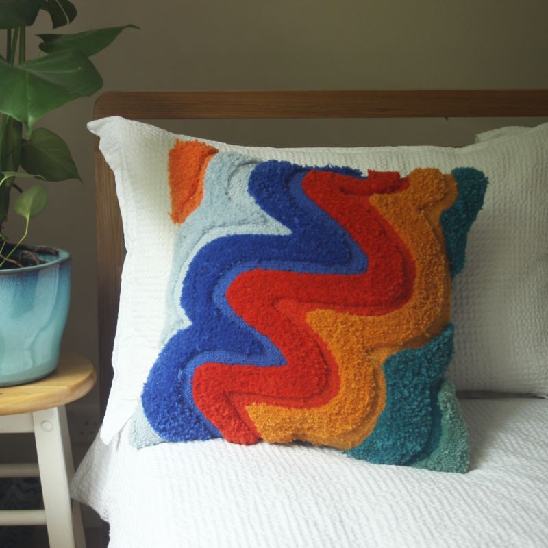 Colourful Tufted Cushion - Blue & Ochre Wavy image