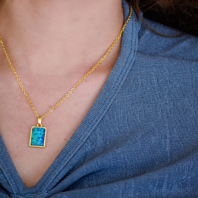Epiphany Dainty Gold Necklace With Blue Opal Charm Pendant image