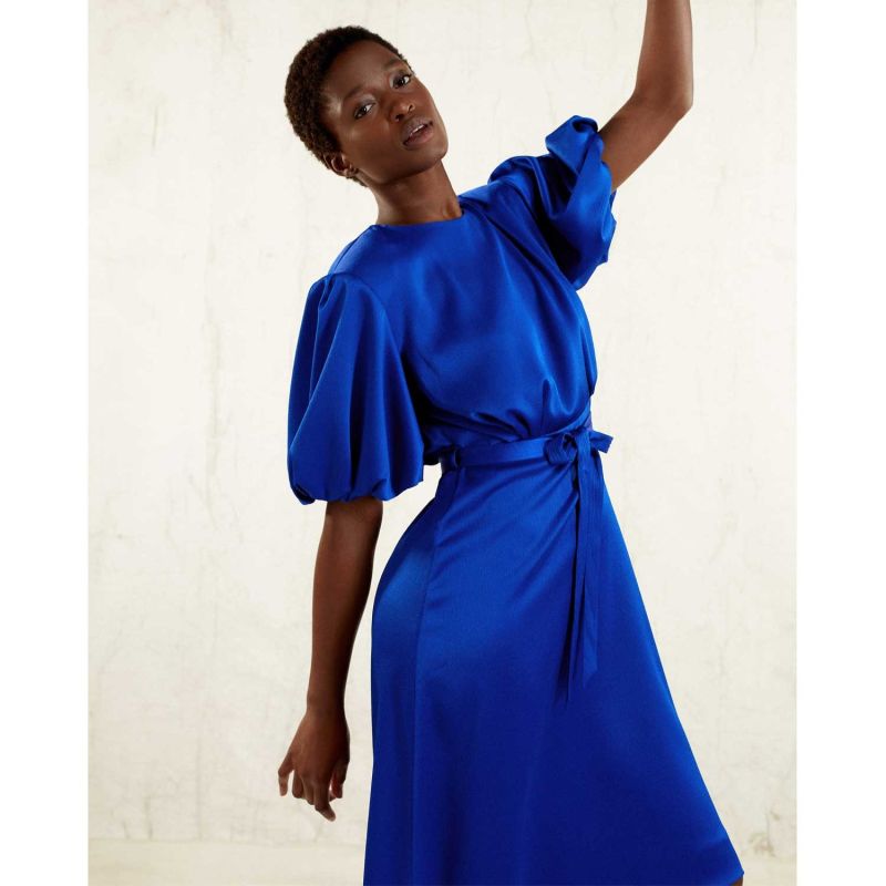 Draped Puff Sleeve Satin Dress - Royal Blue image