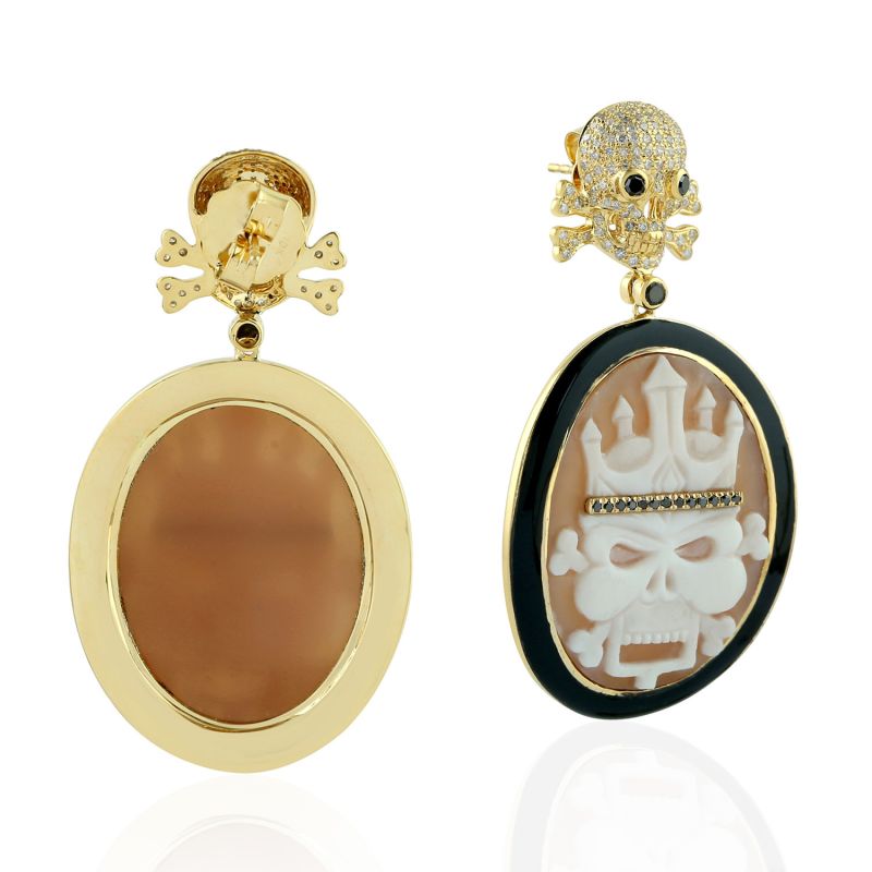 Yellow Gold Pave Diamond Skull Dangle Earring Shell Cameos image