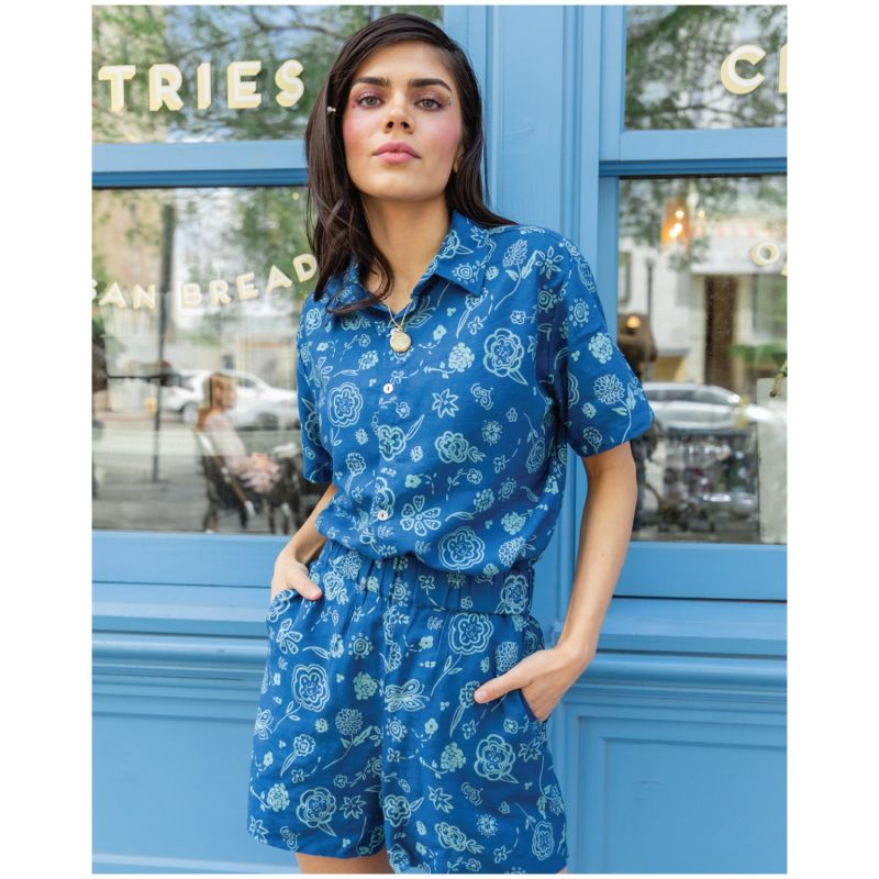 Unisex Porto Two Piece Shorts & Button Up Set, Blue Floral Print, Romper, Play Set image