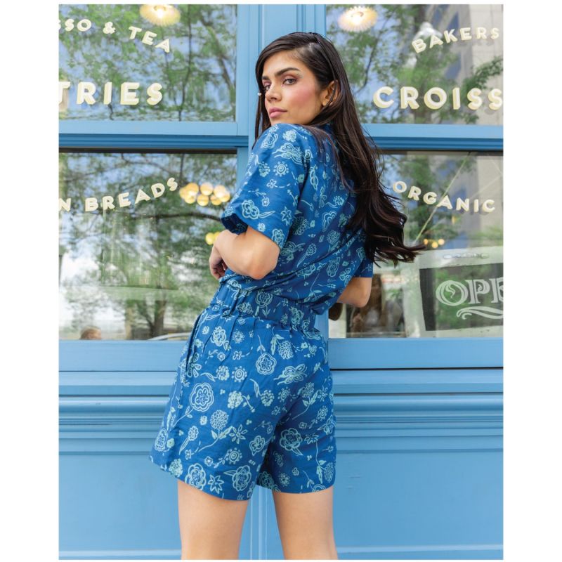 Unisex Porto Two Piece Shorts & Button Up Set, Blue Floral Print, Romper, Play Set image