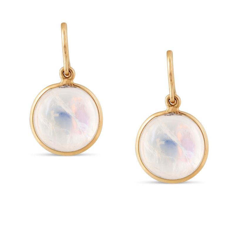 Rainbow Moonstone Simple Round Dangle Earring In 18K Yellow Gold image