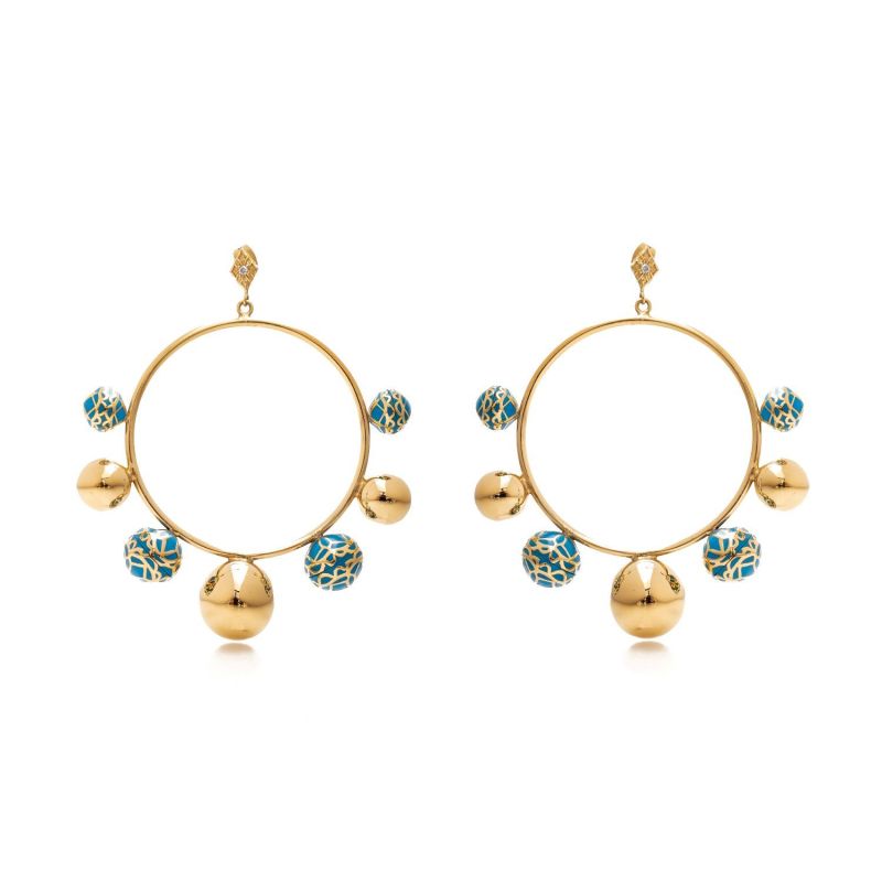 Gold Sphere Dangle Hoops With Natural Stone image