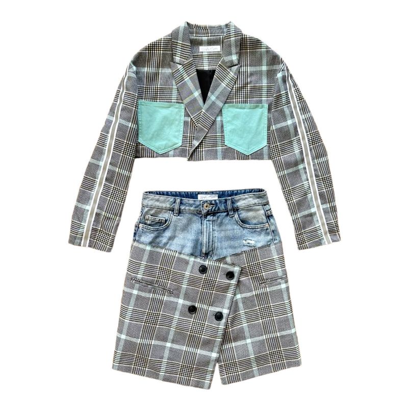 Upcycled Cropped Blazer With Matching Skirt - Turquoise image