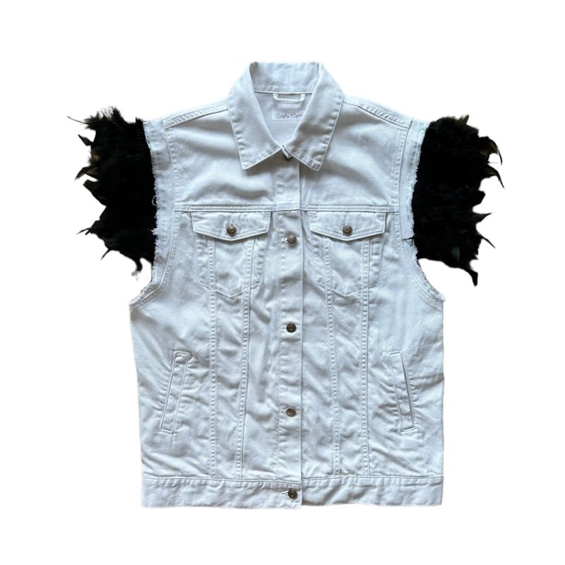 Upcycled Feather Detail Denim Vest - White & Black image