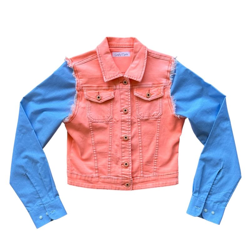 Upcycled Shirt Sleeve Hybrid Denim Jacket - Salmon & Blue image