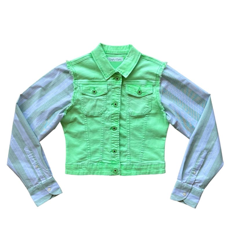 Upcycled Two-Toned Hybrid Denim Jacket - Neon Green & Pale Blue & Pale Green image