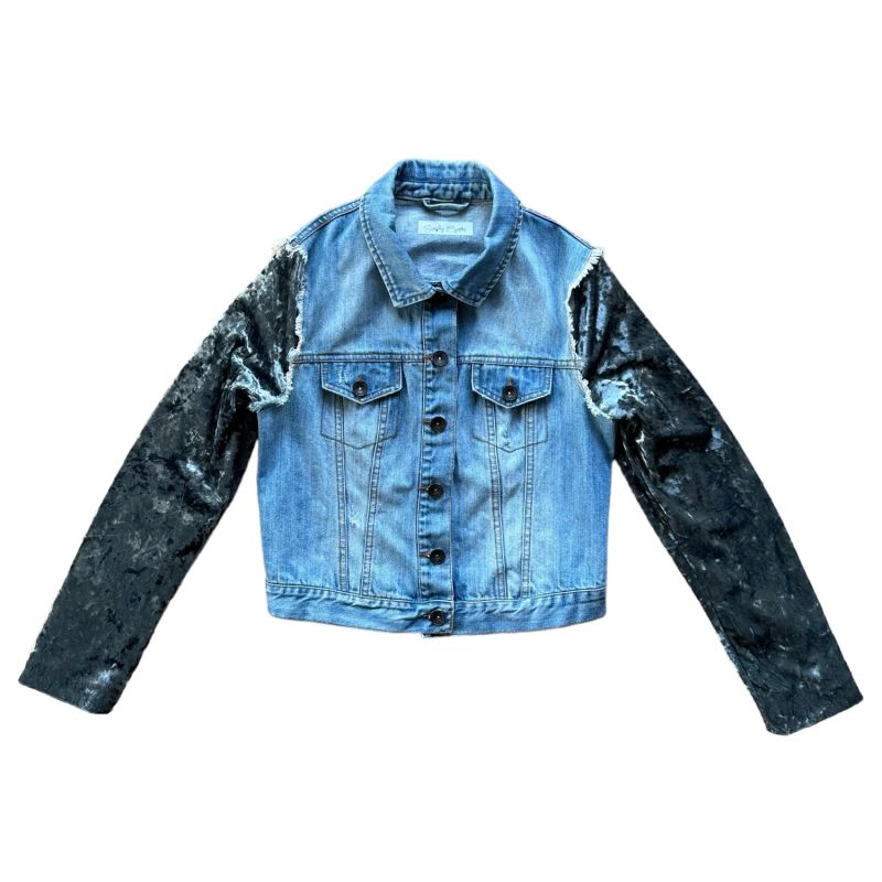 Upcycled Velvet Sleeve Hybrid Denim Jacket - Blue & Teal image