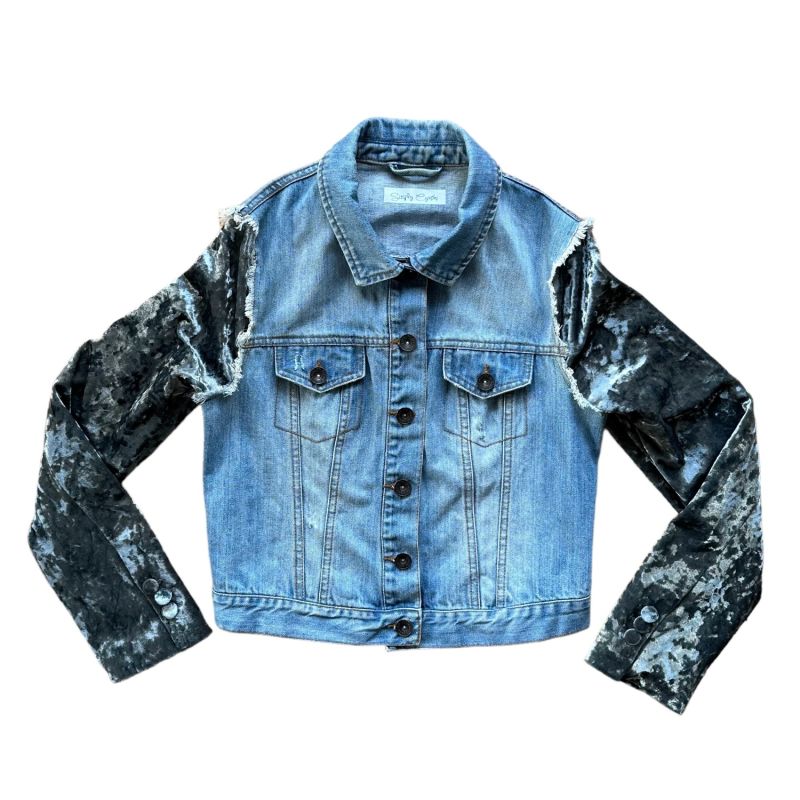 Upcycled Velvet Sleeve Hybrid Denim Jacket - Blue & Teal image