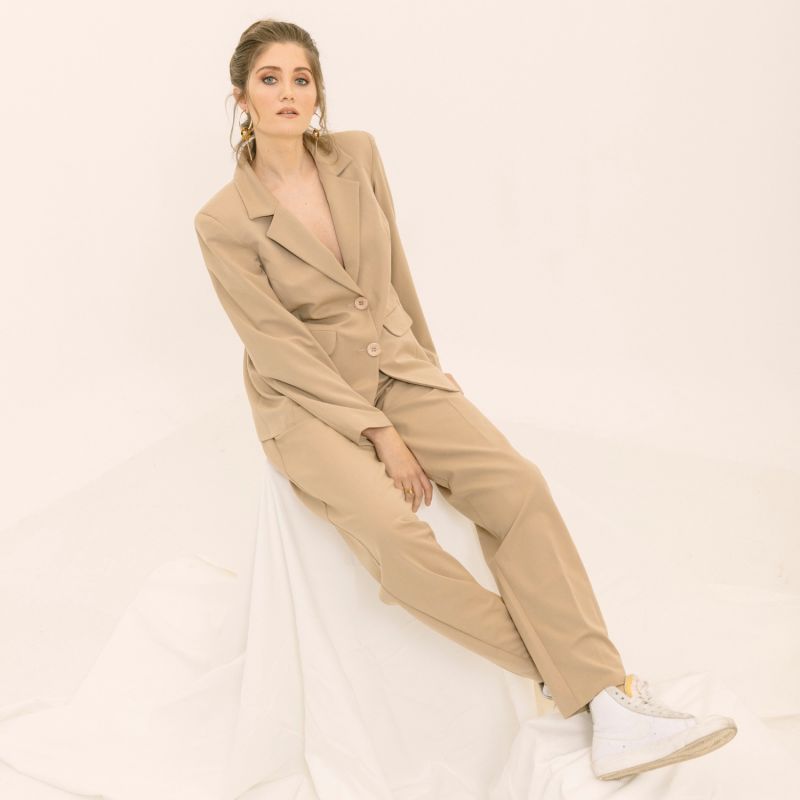 Nude Blazer With Shoulder Pads, Detachable Belt & High Waist Trouser - Suit image