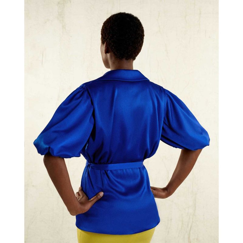 Draped Puff Sleeve Belted Blouse - Royal Blue image