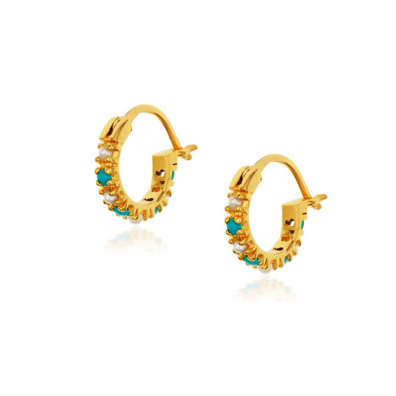 14k Gold Plated Hoops -Turquoise and Pearls image