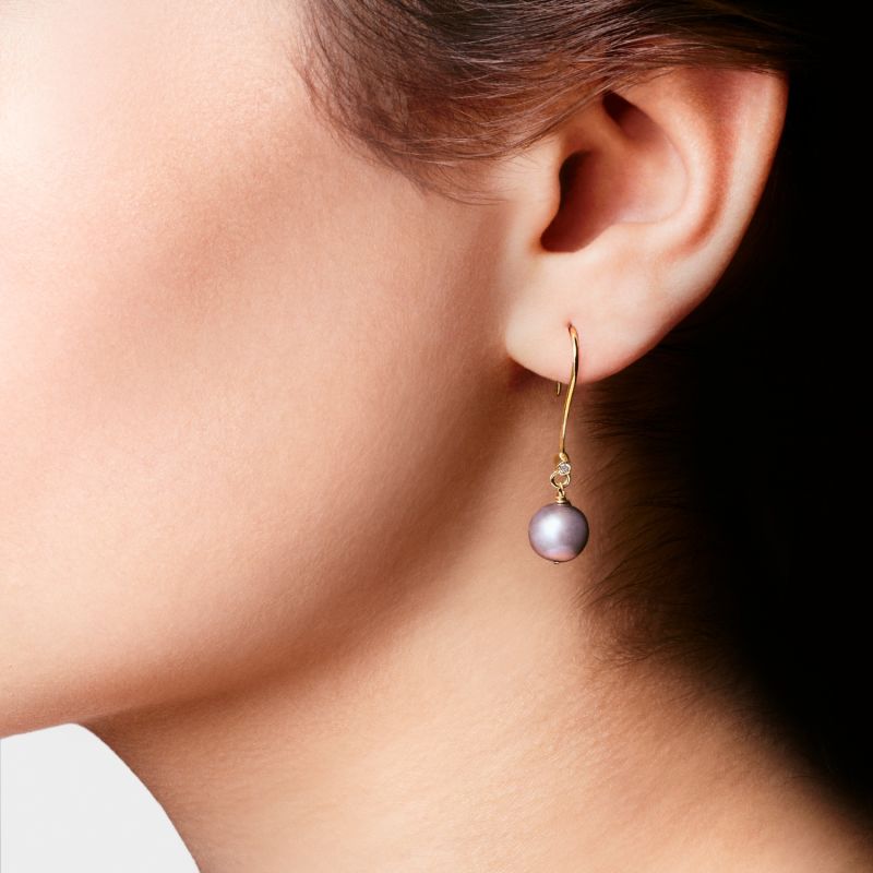 June Birthday Grey Pearl Drop Yellow Gold Earrings image