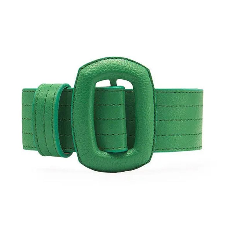 Stitched Leather Oval Buckle Belt - Emerald Green image