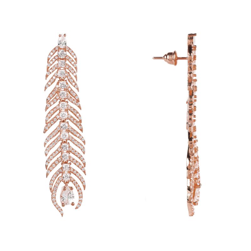 Peacock Feather Elongated Drop Earrings Rosegold image