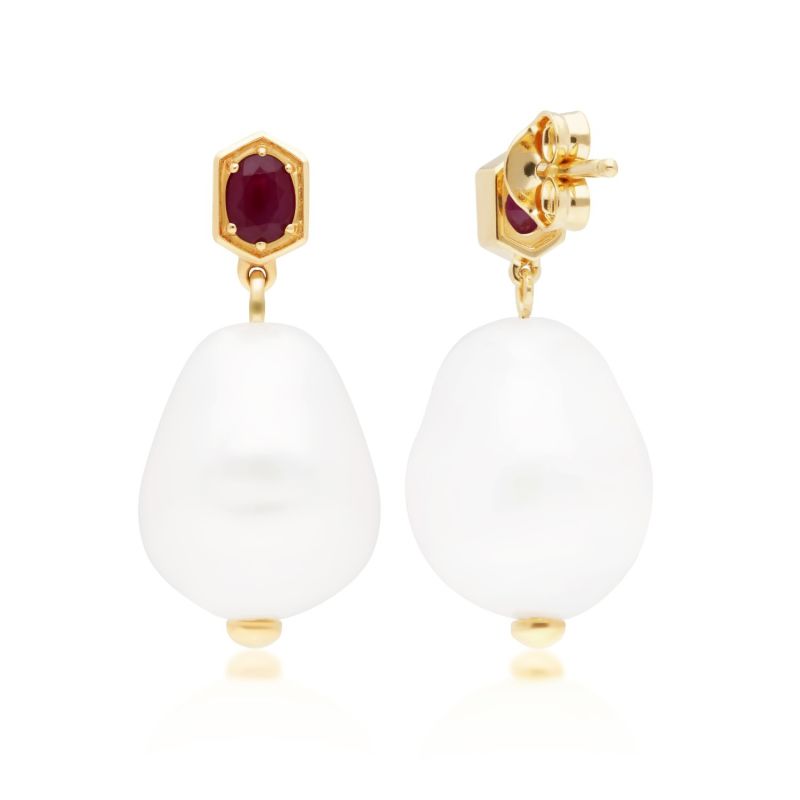 Baroque Pearl & Ruby Earrings In Yellow Gold Plated Silver image