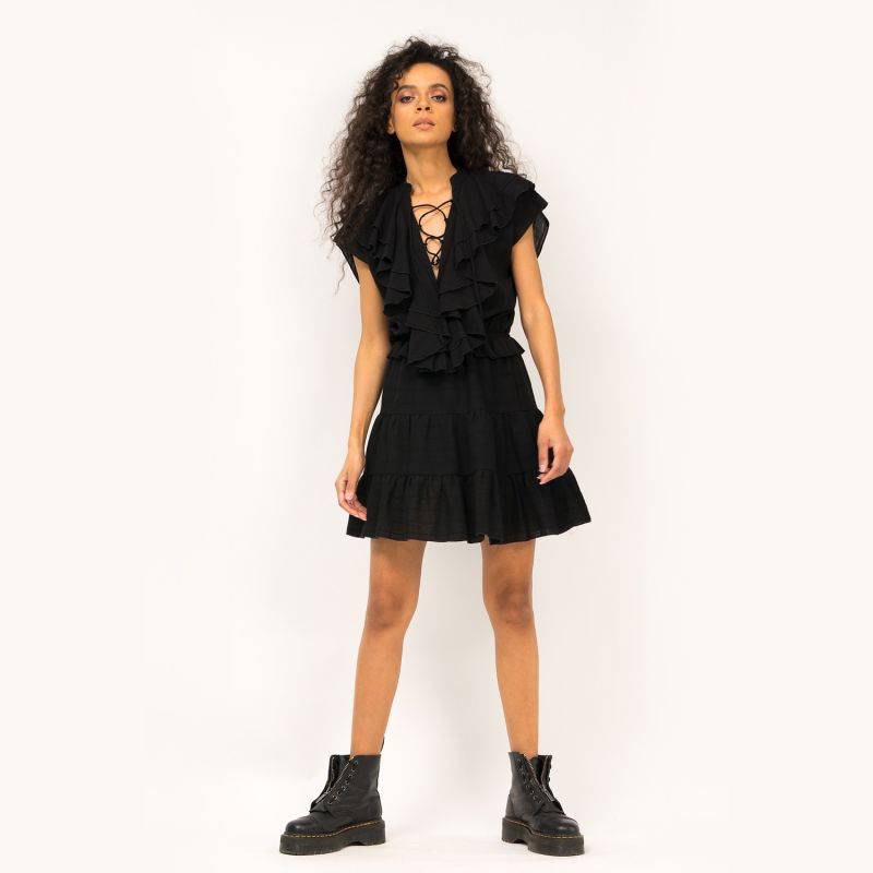 Black Mini Dress With Ruffles & String Neckline image