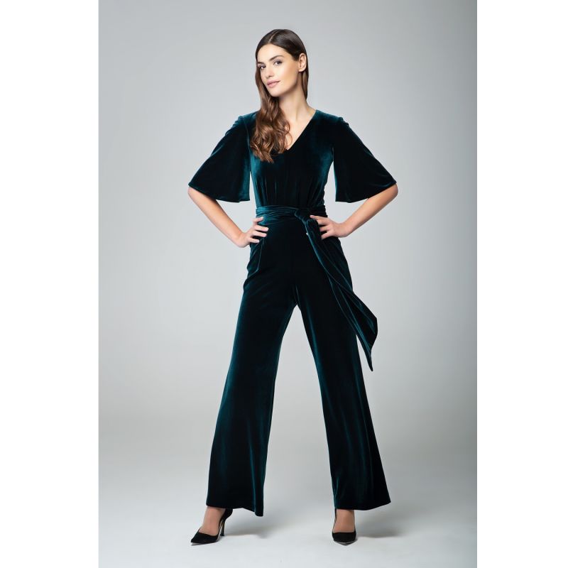 Layla Velvet Jumpsuit With Bell Sleeves & Sash In Emerald Green image