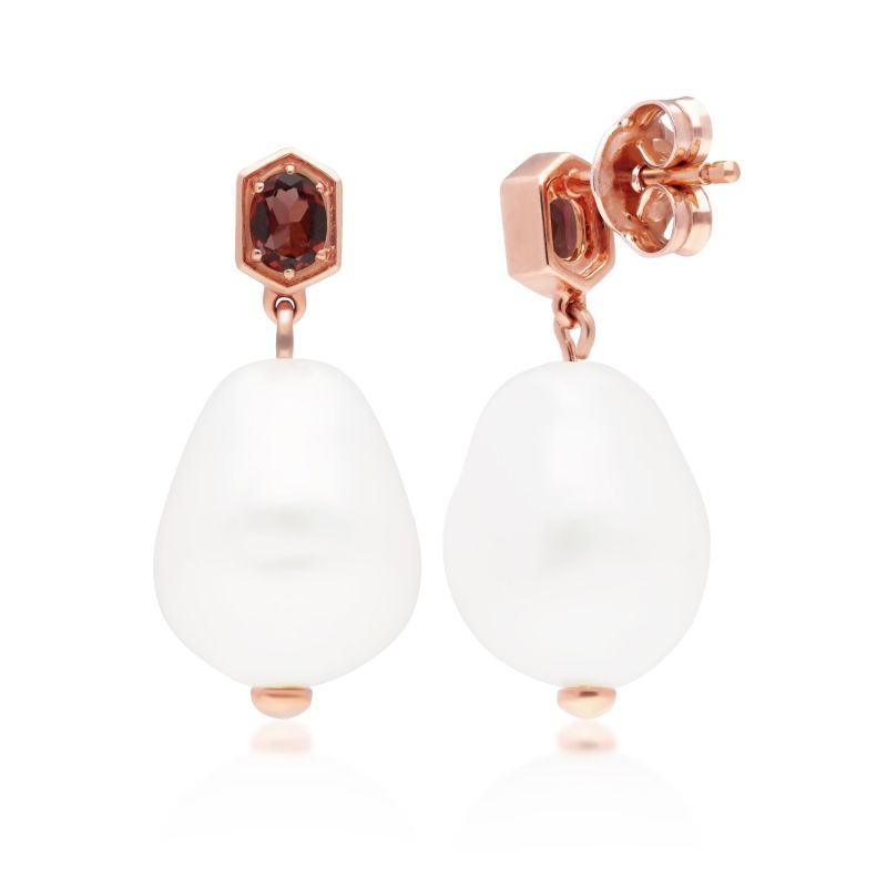 Baroque Pearl & Garnet Drop Earrings In Rose Gold Plated Silver image