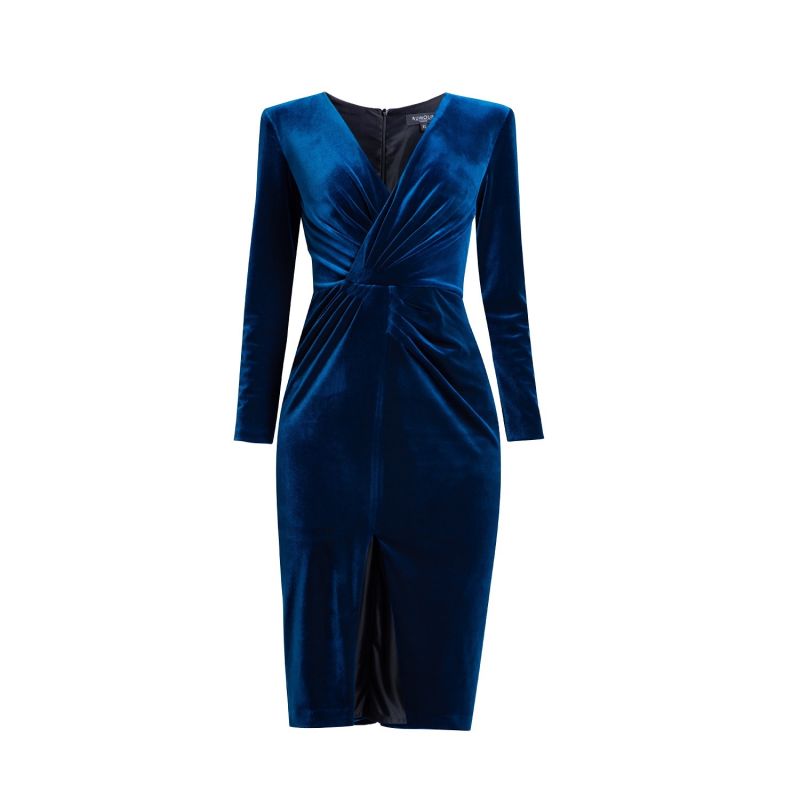 Scarlett Velvet Dress With V-Neckline & Draped Detail In Royal Blue image