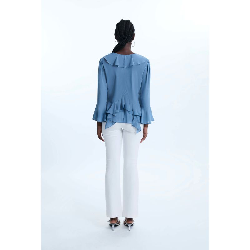 V-Neck Chiffon Ruffle Blouse Denim image