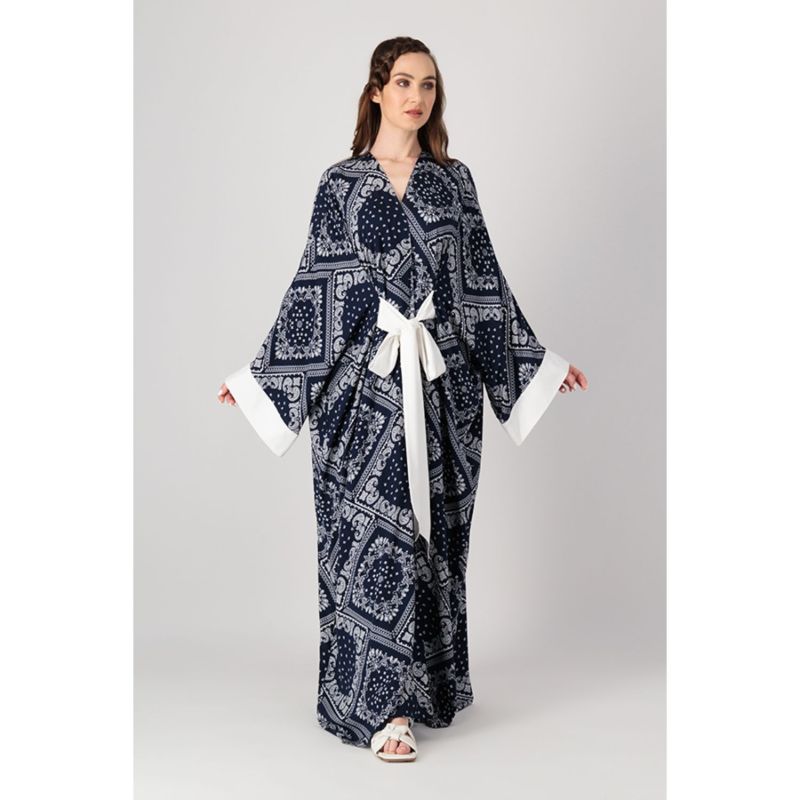 Classic Abaya Cut With Belt In Printed Navy Paisley Rayon image