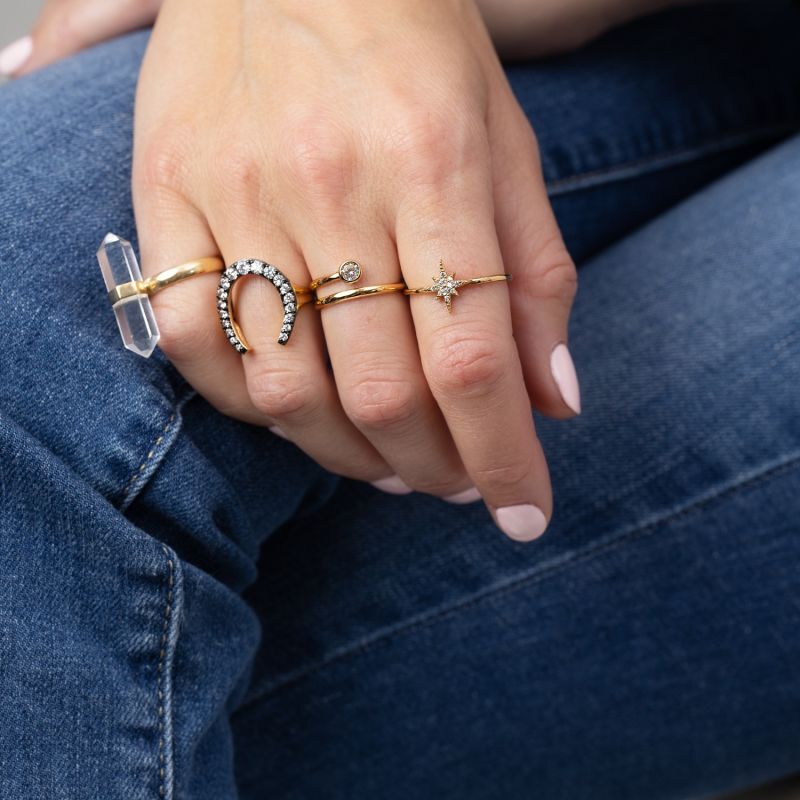 Gold & Black Horseshoe Ring With Clear Stones image