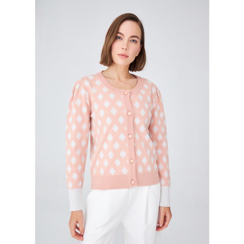 Geometric Pattern Knitwear Cardigan In Salmon/ Ecru image