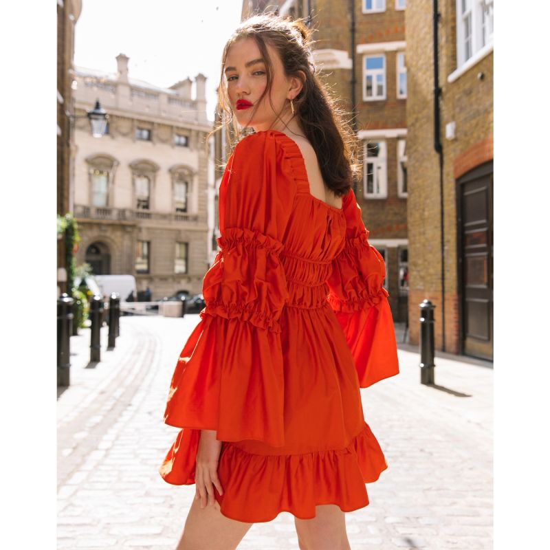 The Edie Square Neck Cotton Mini Dress In Sunset Orange image