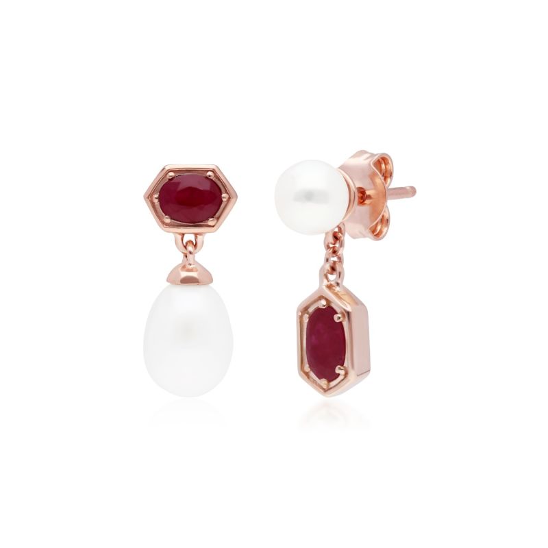 Mismatched Ruby & Pearl Dangle Earrings In Rose Gold Plated Silver image