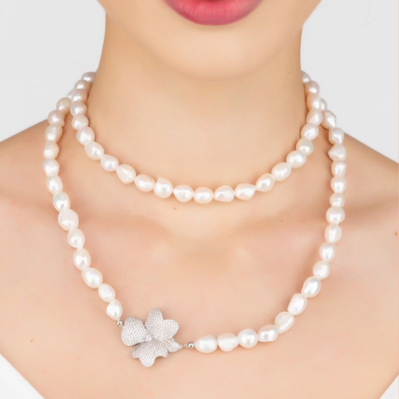 Flower Pearl Gemstone Long Necklace White Cz Silver image