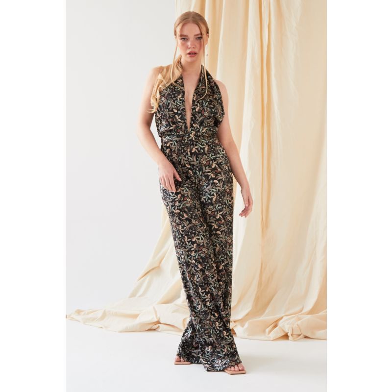 Floral Velvet Backless Jumpsuit image