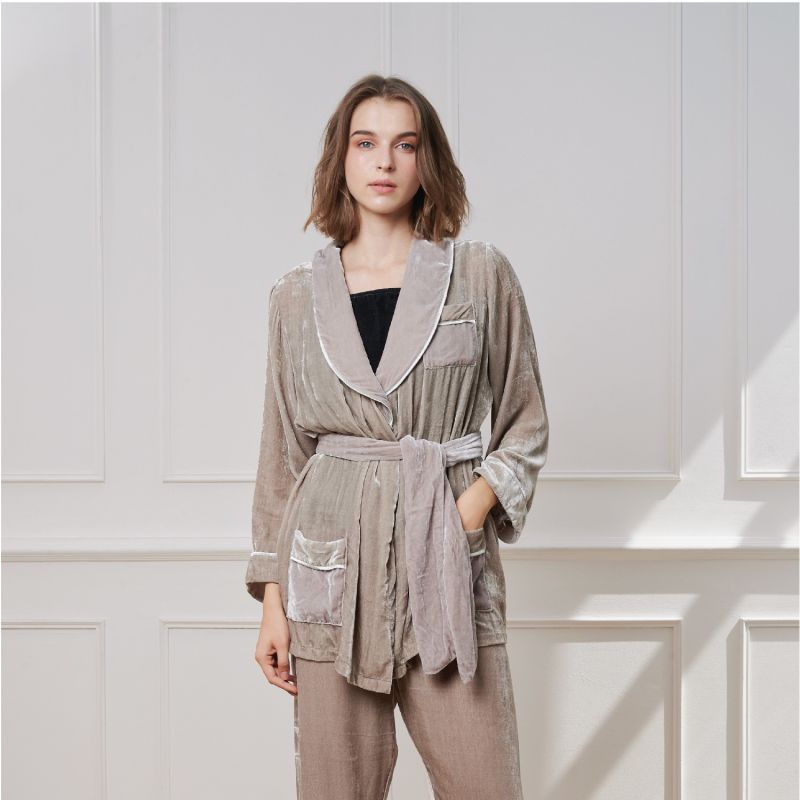Velvet Short Robe With Belt - Cool Grey image