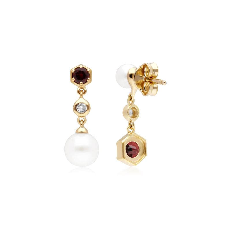 Modern Pearl, Garnet & White Topaz Mismatched Drop Earrings In Yellow Gold Plated Sterling Silver image